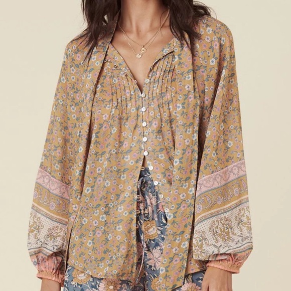 New Spell x Free People Mossy XL Brown Pink Buttonfront Tie-Neck Boho Blouse - Picture 2 of 15